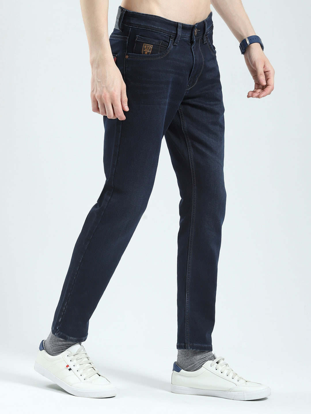 Men Blue Solid Regular Fit Denim