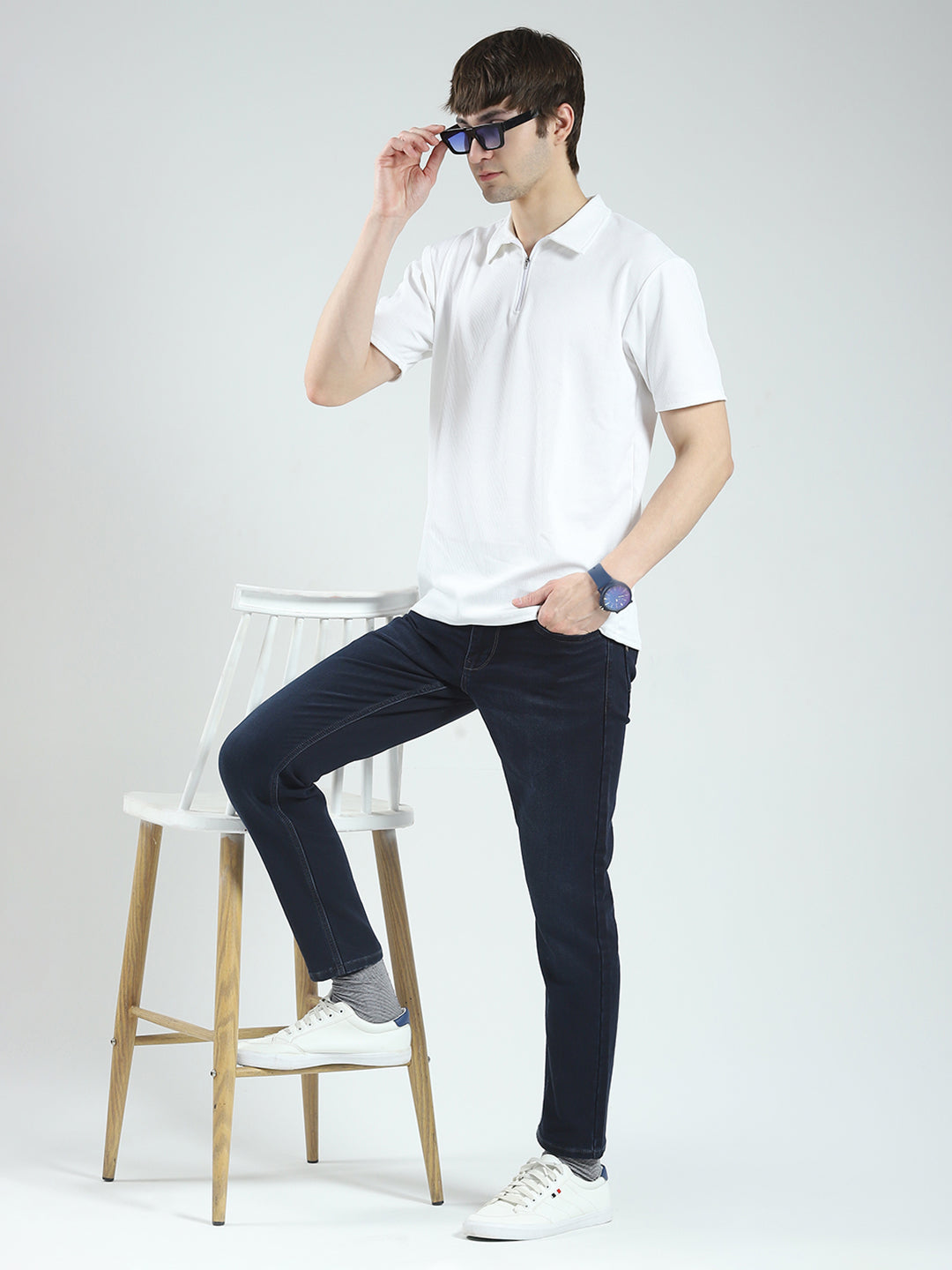 Men Blue Solid Regular Fit Denim