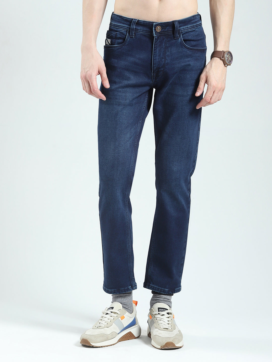 Men Blue Solid Regular Fit Denim