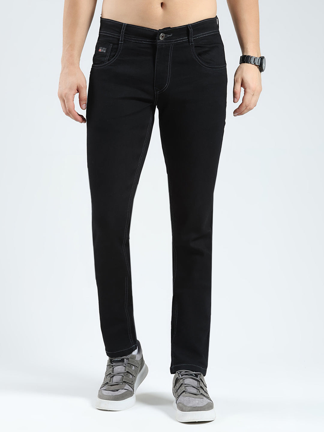 Men Black Solid Regular Fit Denim