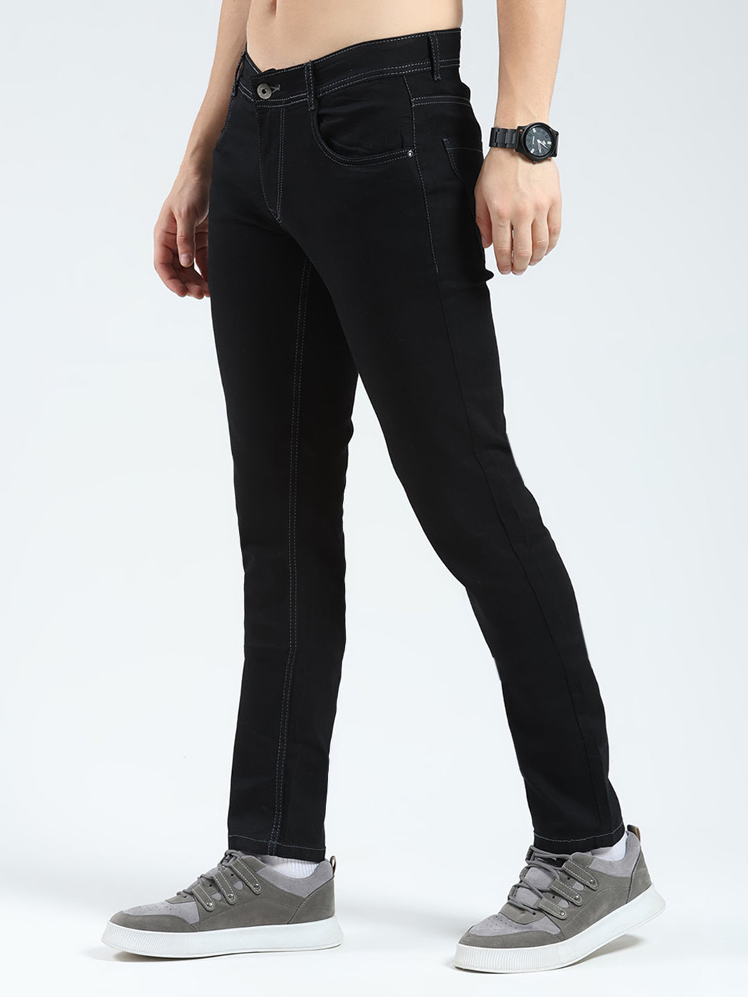Men Black Solid Regular Fit Denim