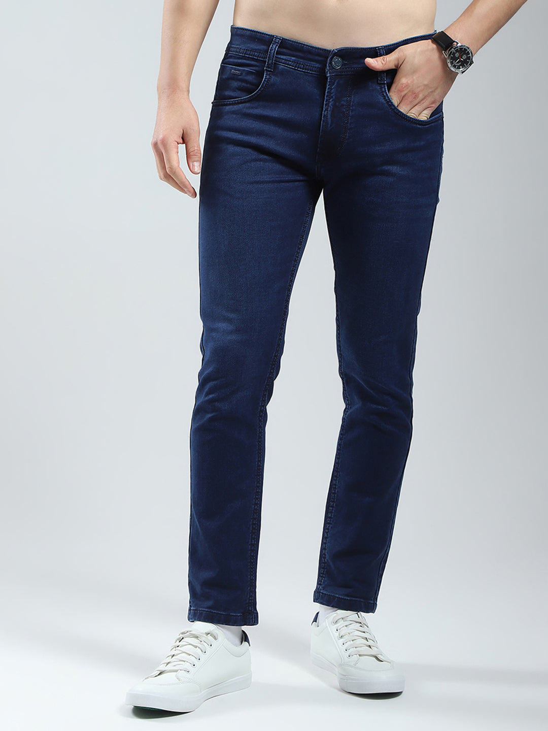 Men Blue Solid Regular Fit Denim