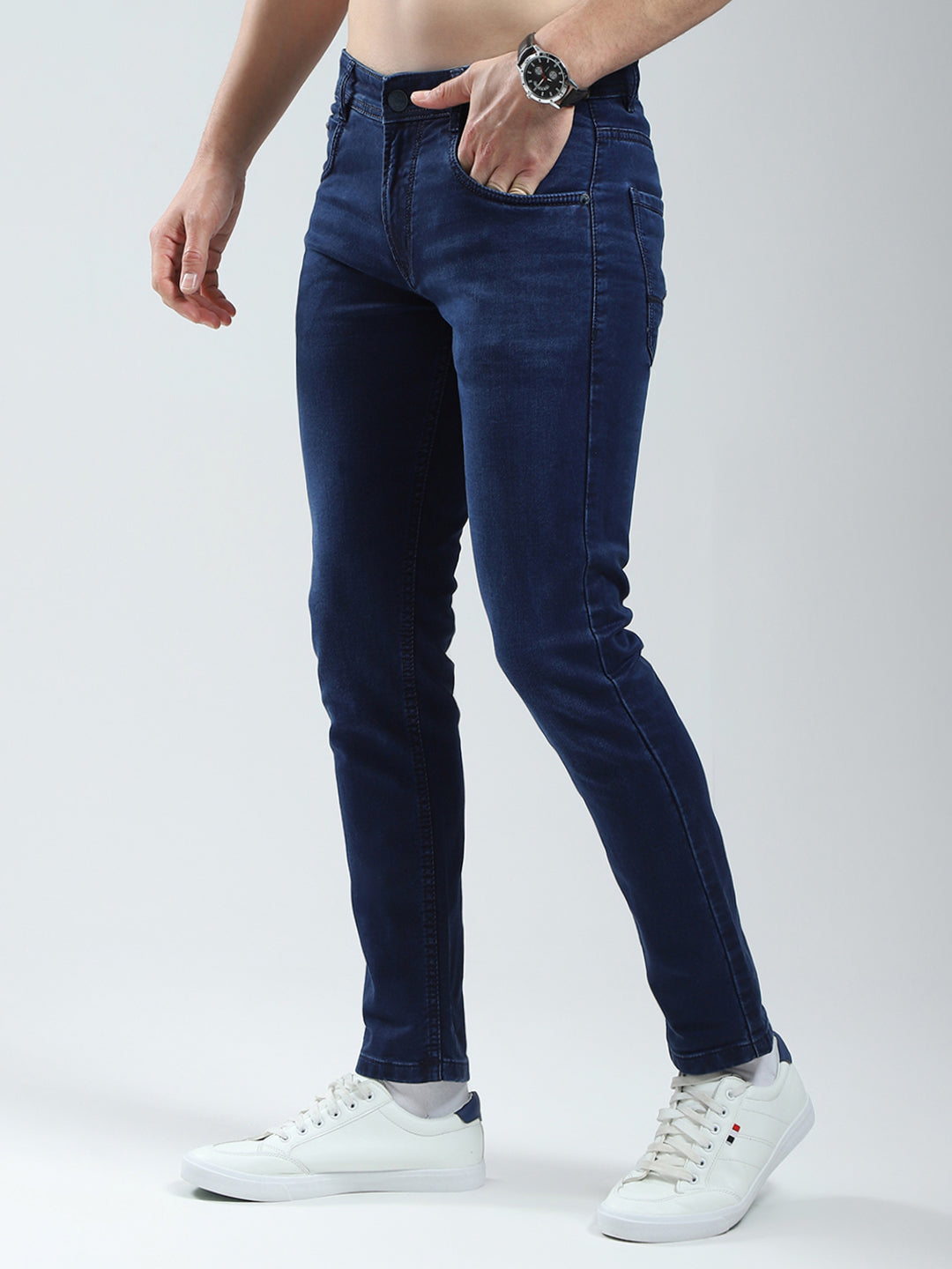 Men Blue Solid Regular Fit Denim