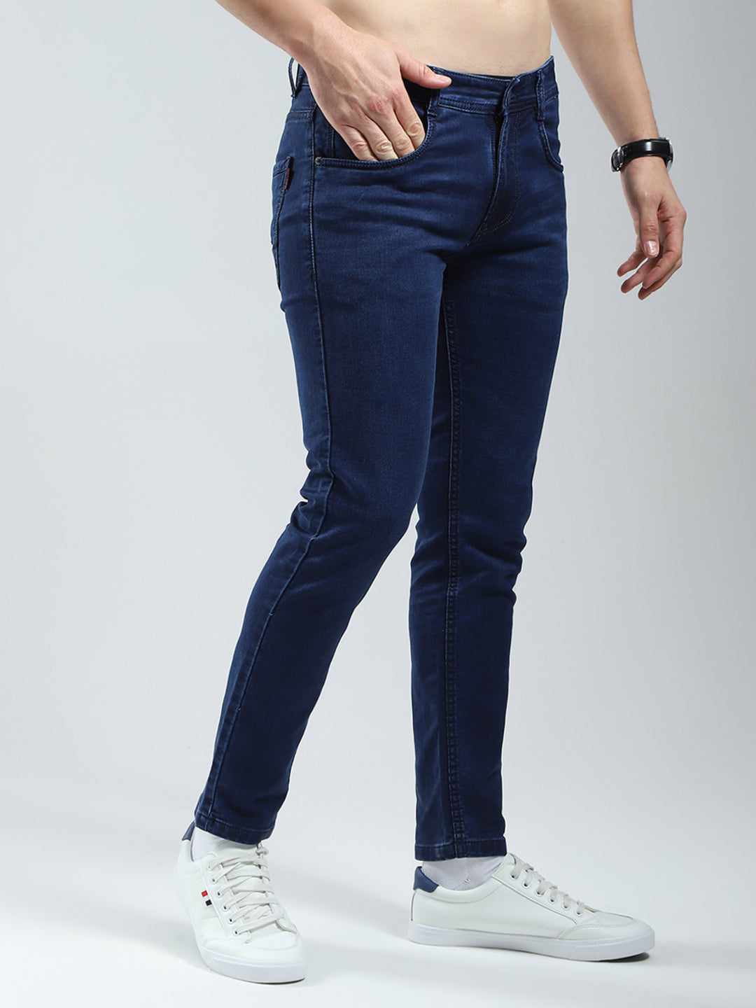 Men Blue Solid Regular Fit Denim