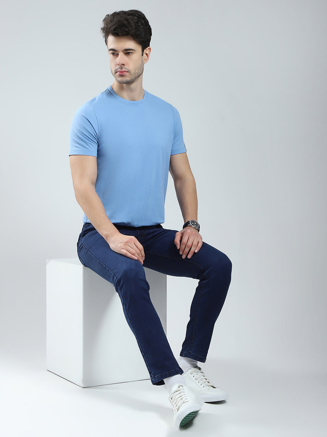 Men Blue Solid Regular Fit Denim