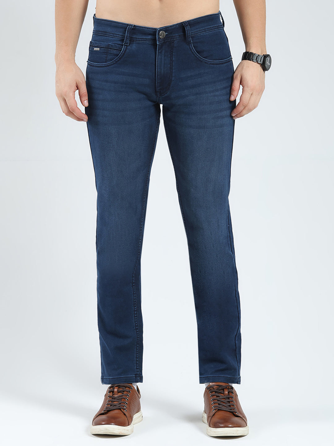 Men Blue Solid Regular Fit Denim
