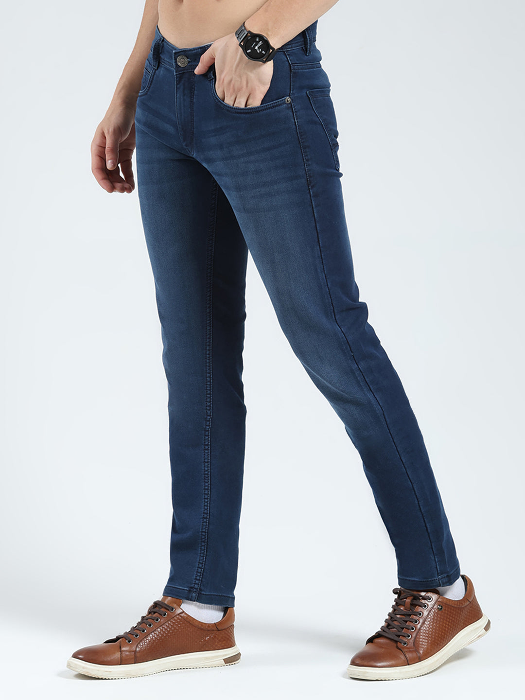 Men Blue Solid Regular Fit Denim