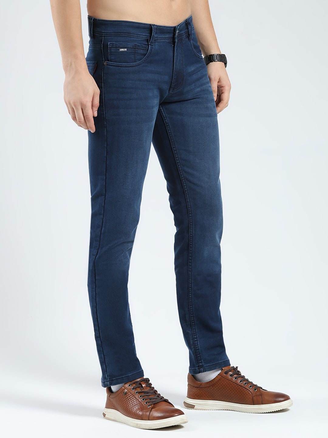 Men Blue Solid Regular Fit Denim