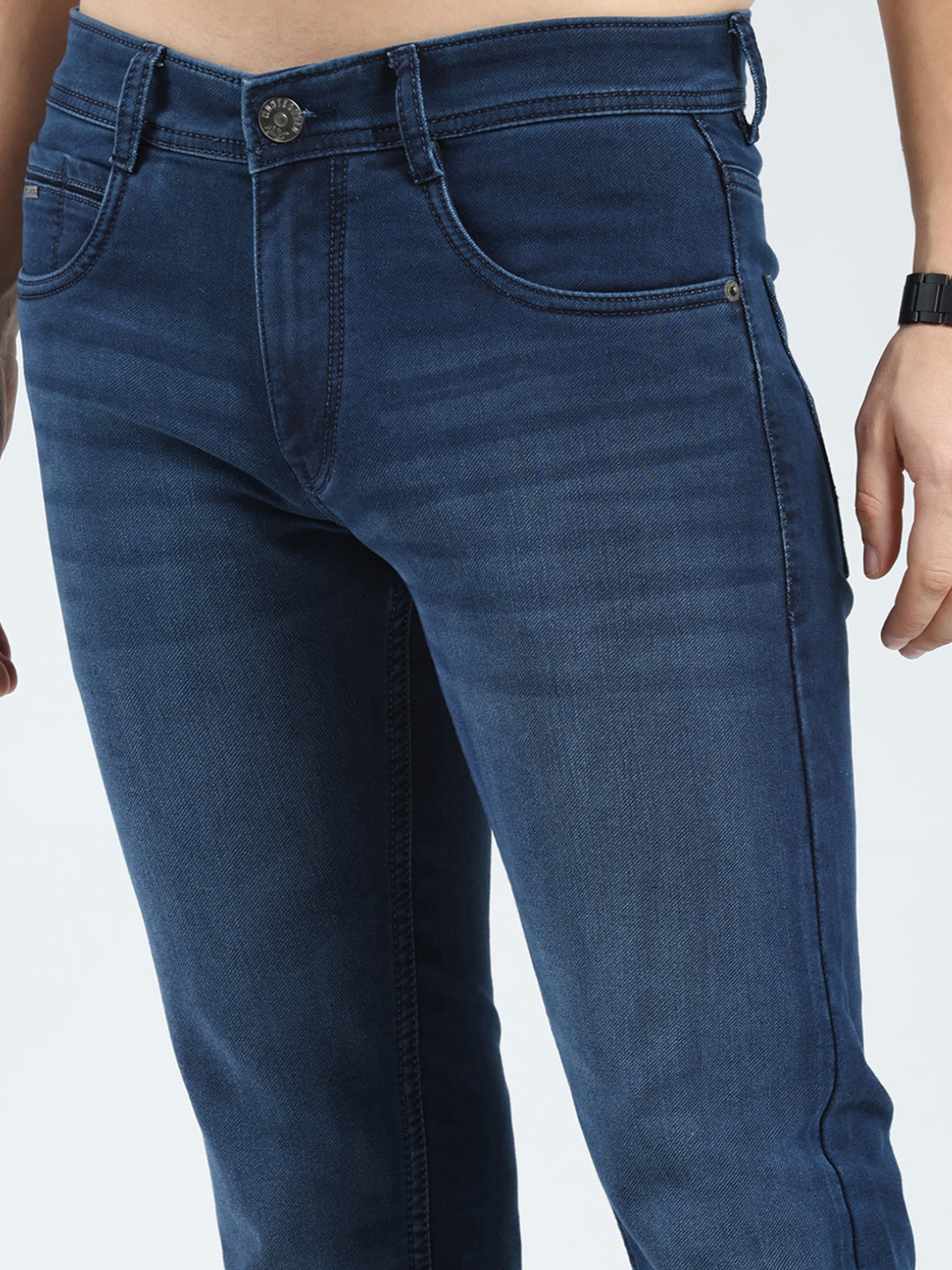 Men Blue Solid Regular Fit Denim