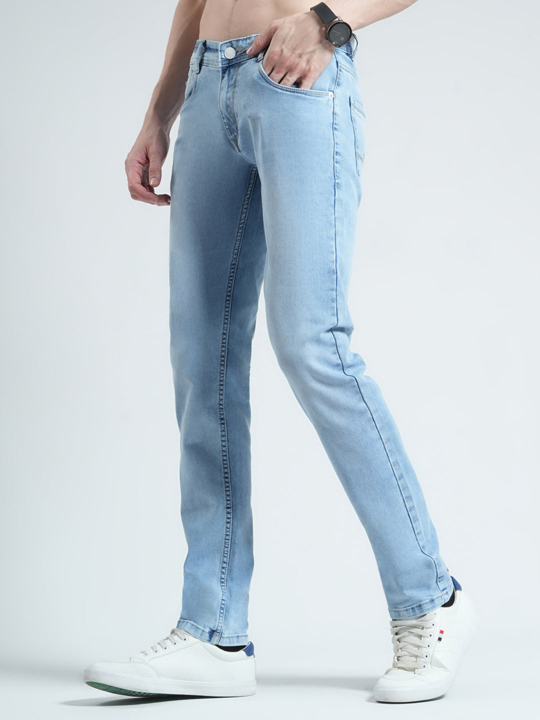 Men Blue Solid Regular Fit Denim