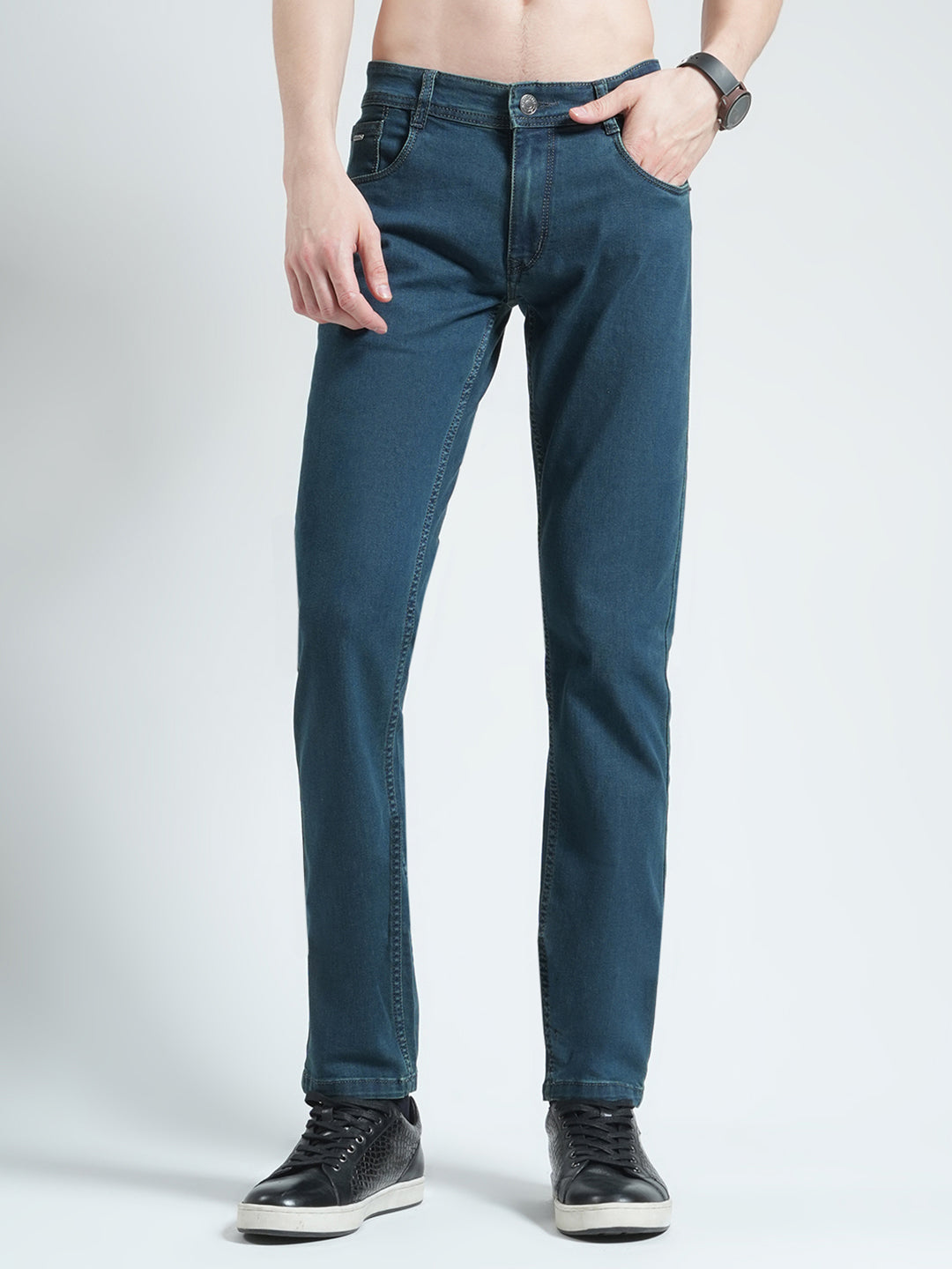 Men Green Solid Regular Fit Denim