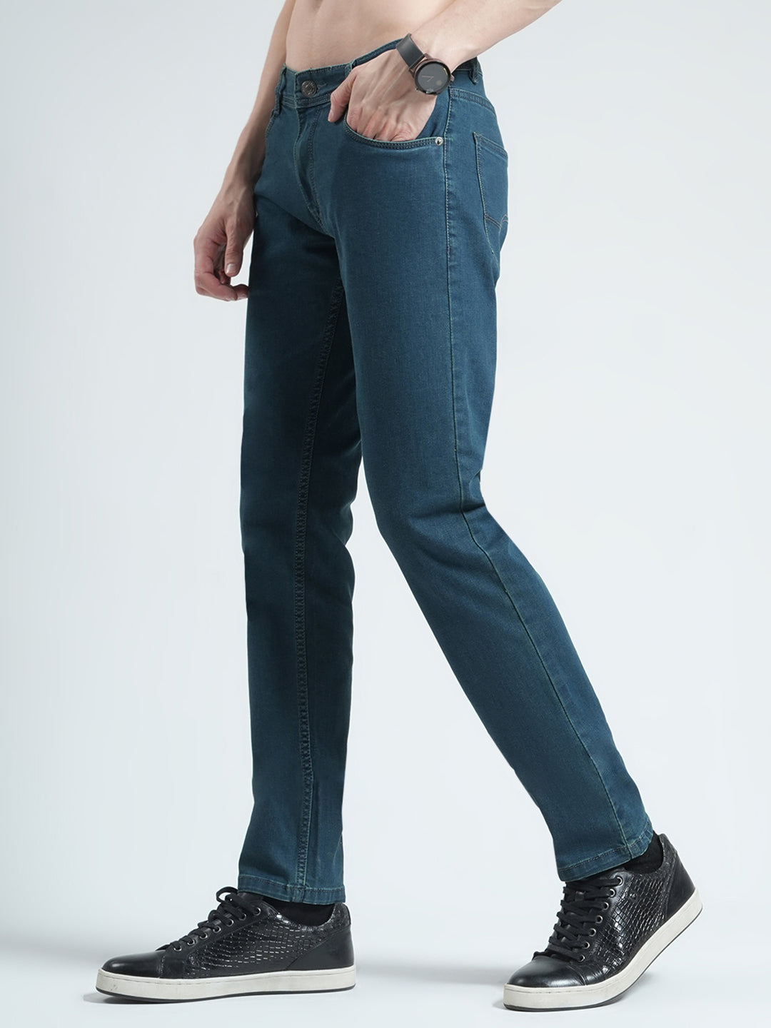 Men Green Solid Regular Fit Denim