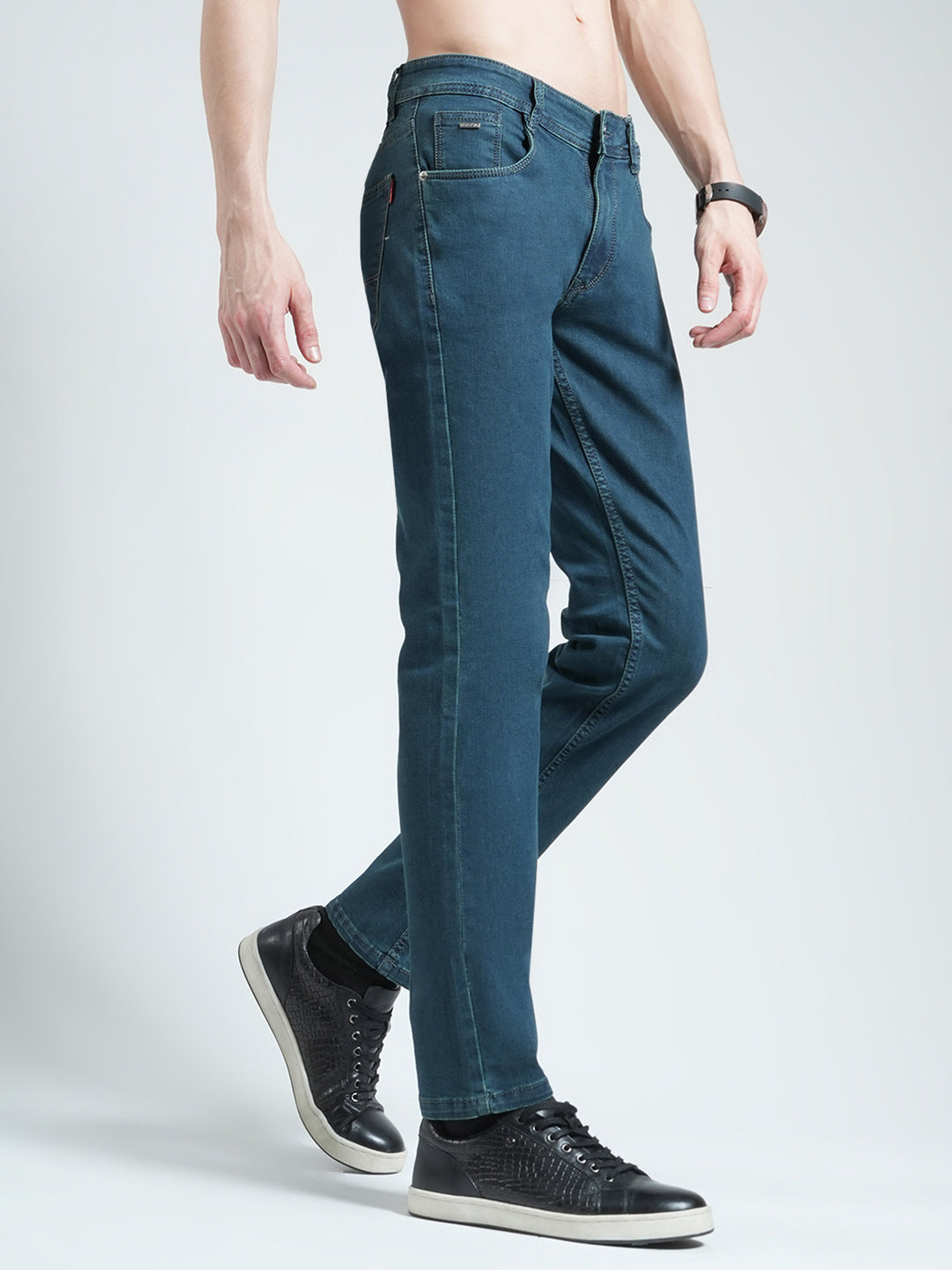 Men Green Solid Regular Fit Denim