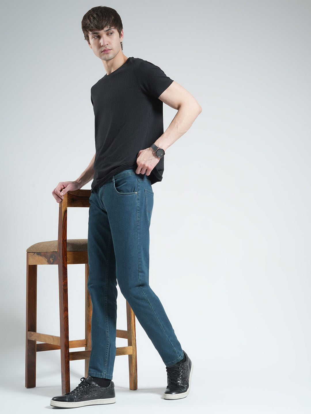 Men Green Solid Regular Fit Denim