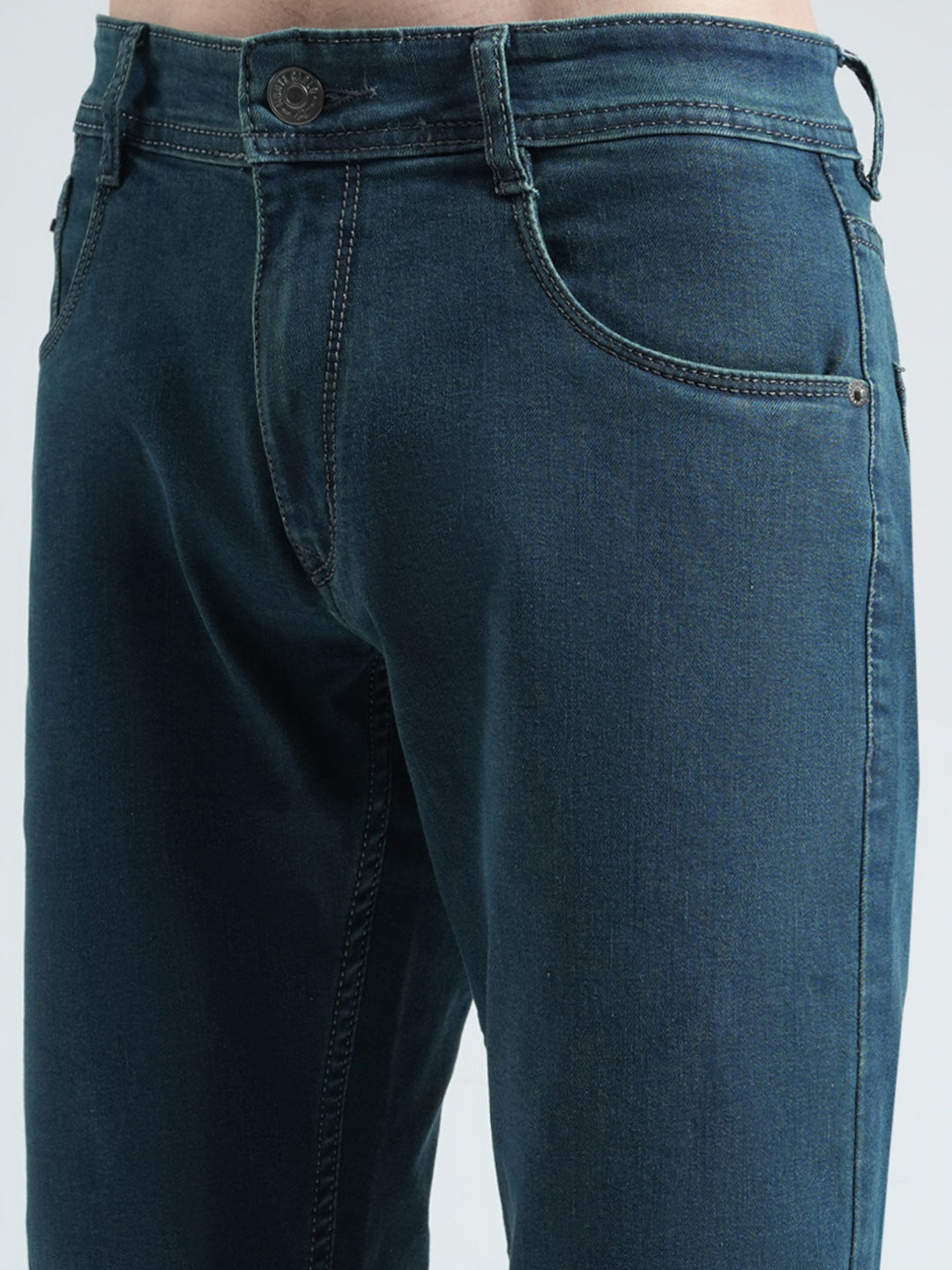 Men Green Solid Regular Fit Denim