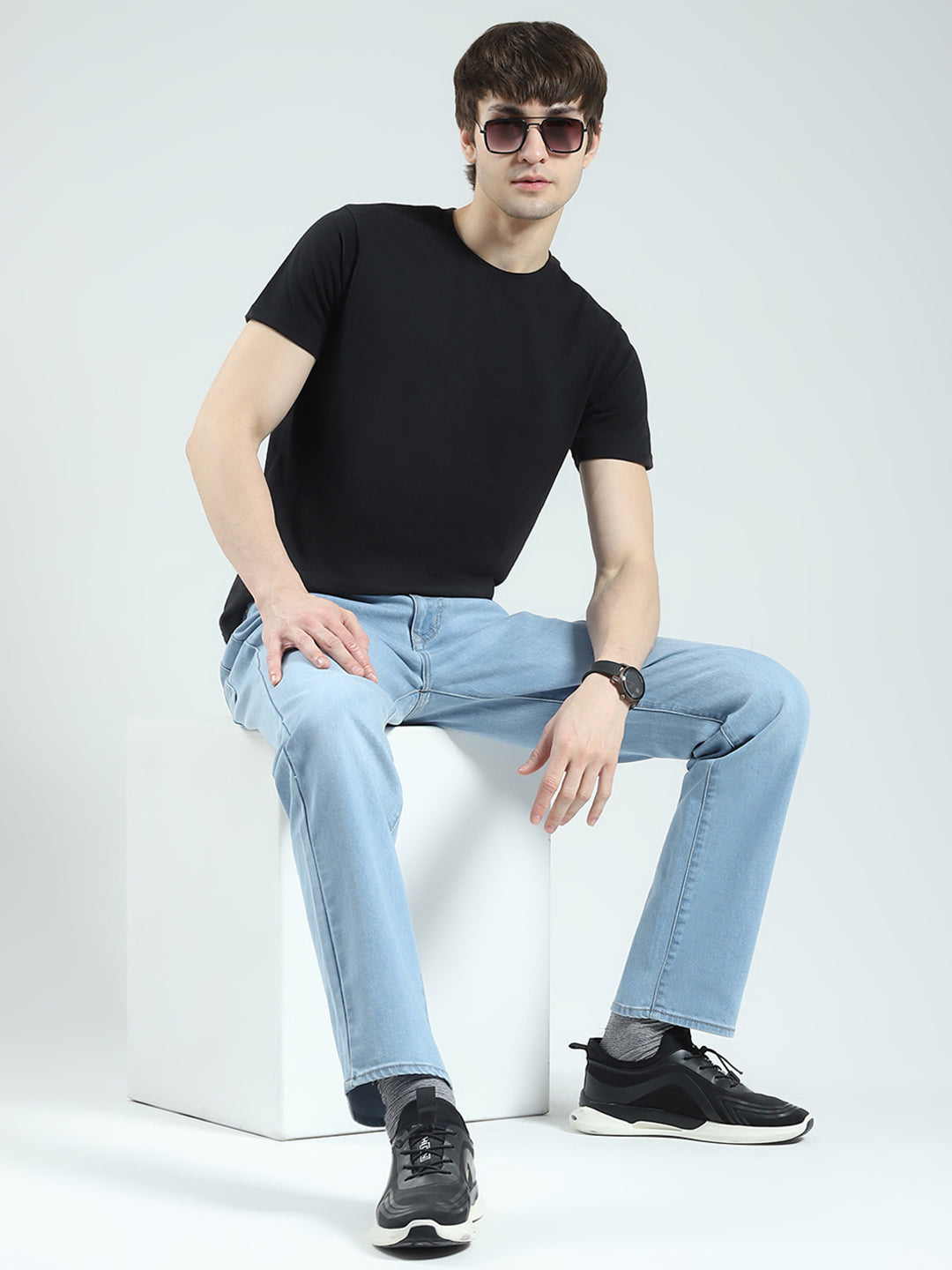 Men Blue Solid Regular Fit Denim