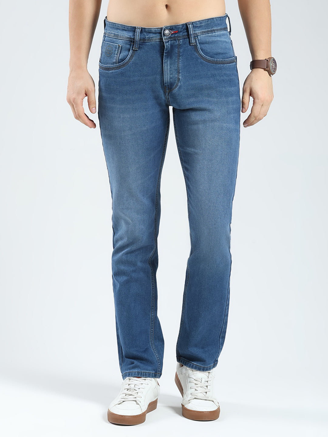 Men Blue Solid Regular Fit Denim