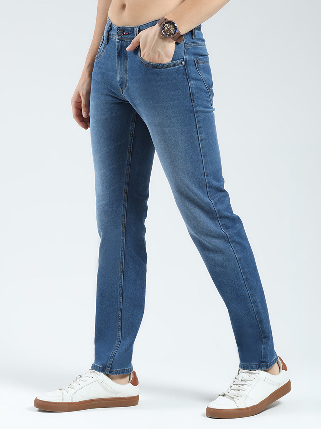 Men Blue Solid Regular Fit Denim