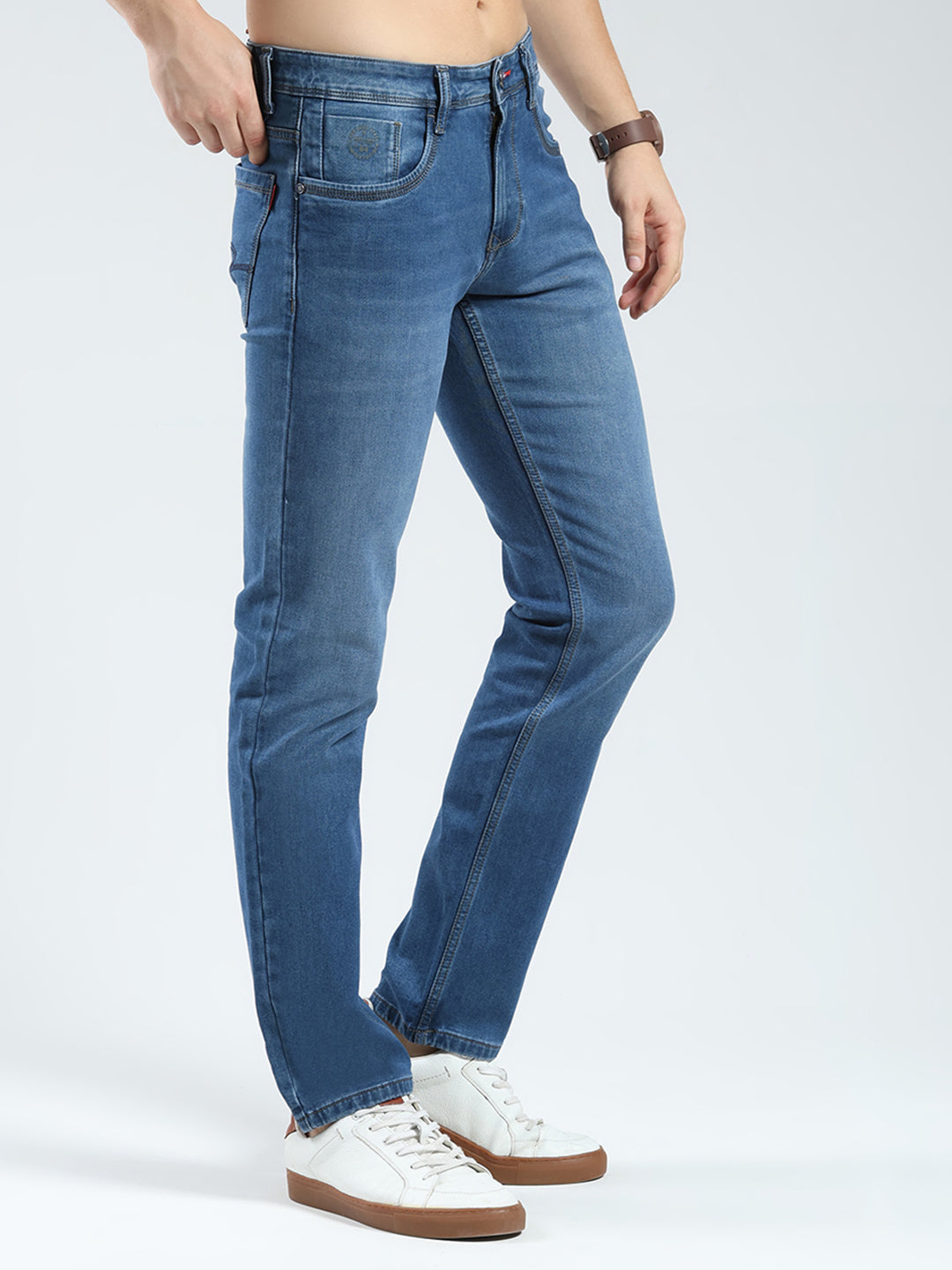 Men Blue Solid Regular Fit Denim