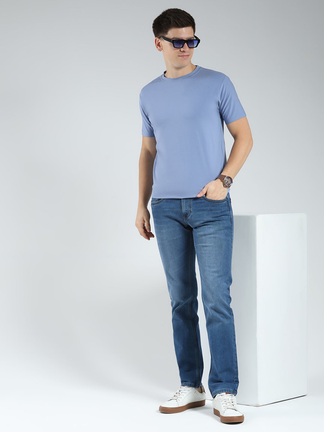 Men Blue Solid Regular Fit Denim