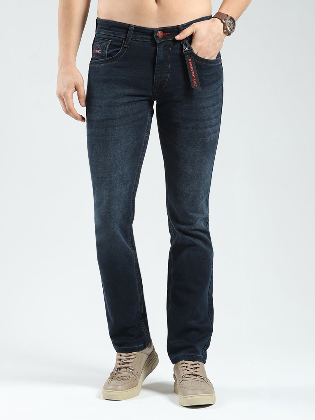 Men Blue Solid Regular Fit Denim