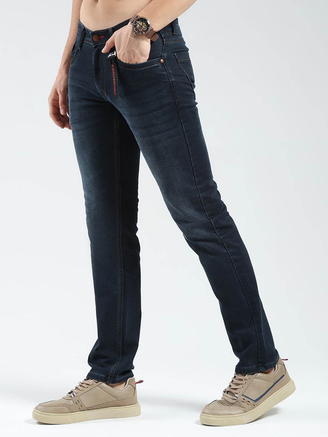 Men Blue Solid Regular Fit Denim
