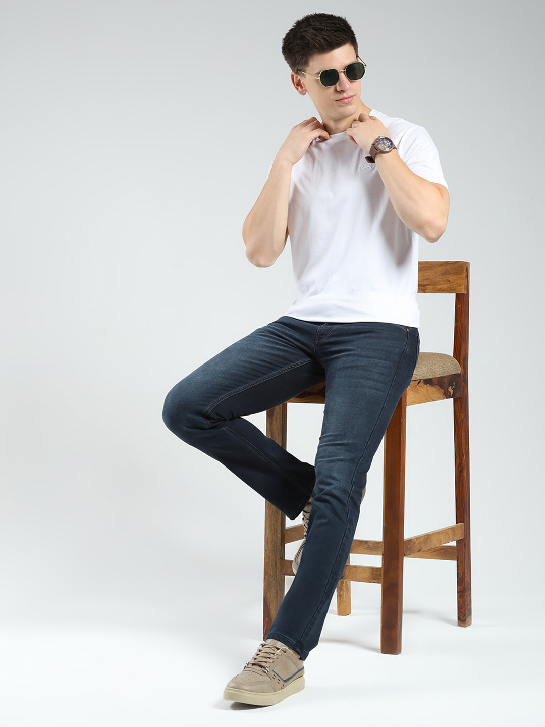 Men Blue Solid Regular Fit Denim