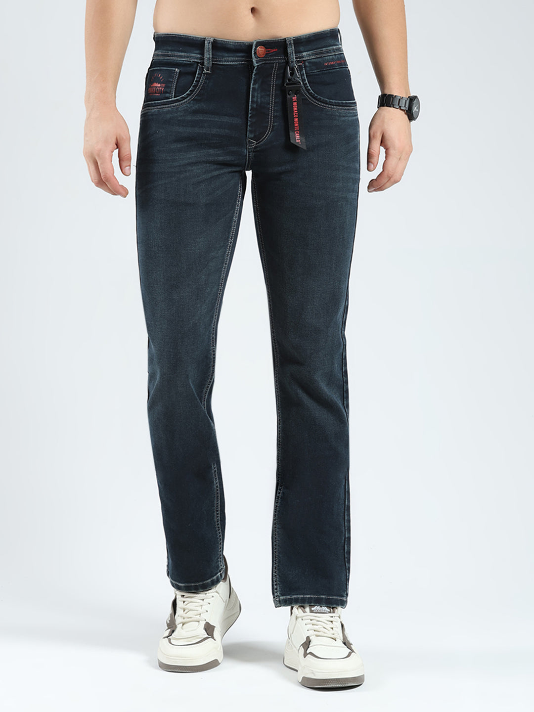 Men Green Solid Regular Fit Denim