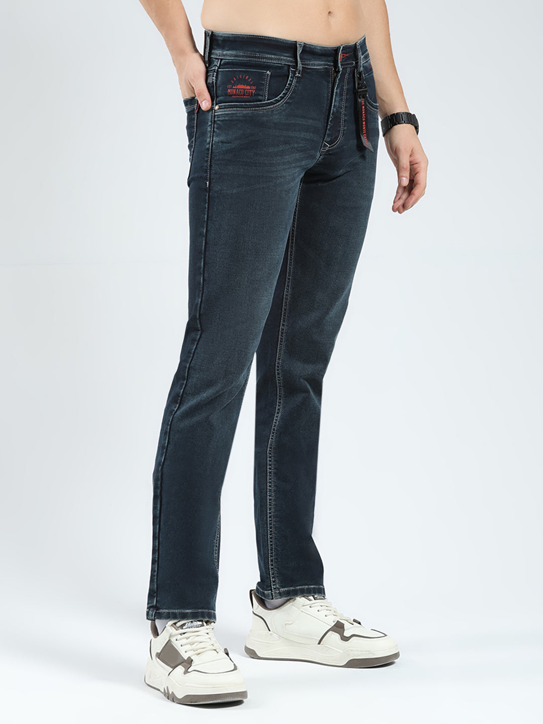 Men Green Solid Regular Fit Denim