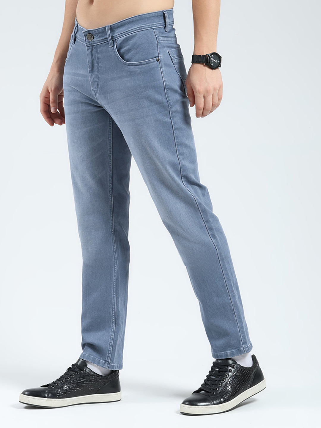Men Grey Solid Regular Fit Denim