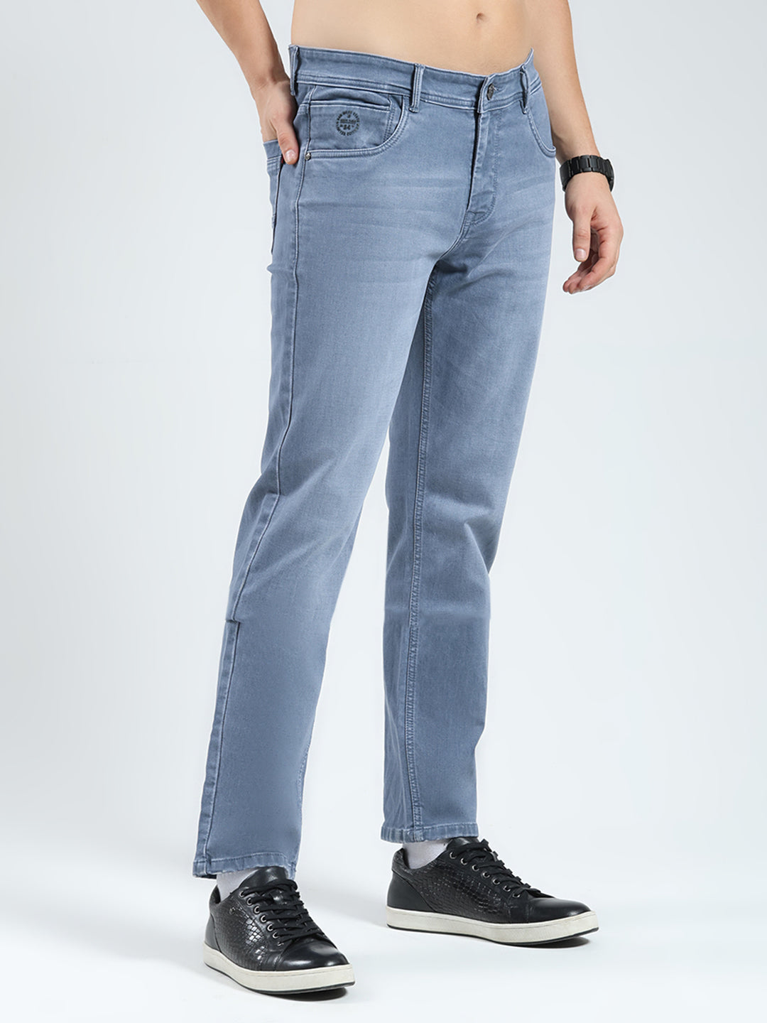Men Grey Solid Regular Fit Denim