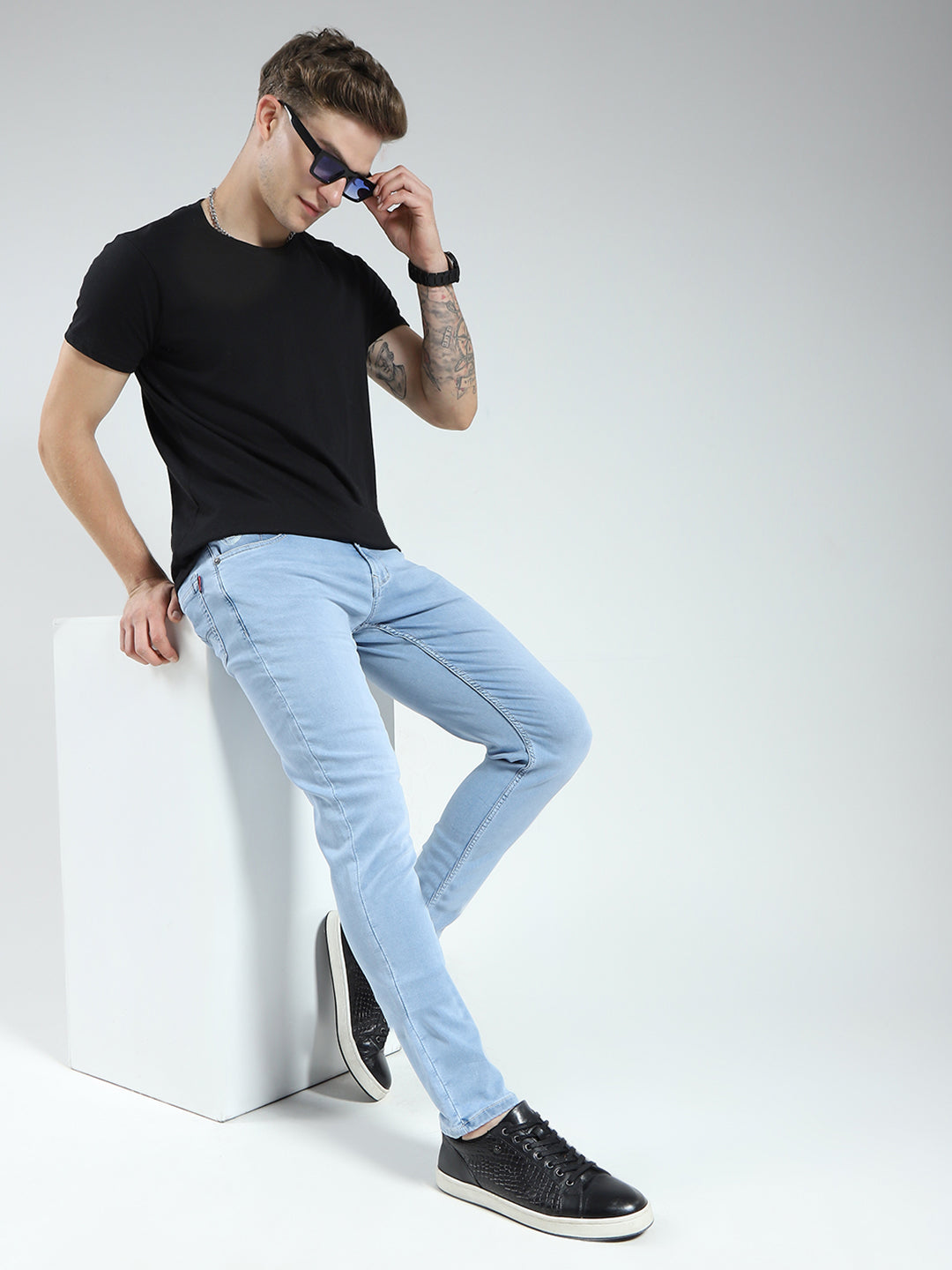 Men Blue Solid Regular Fit Denim