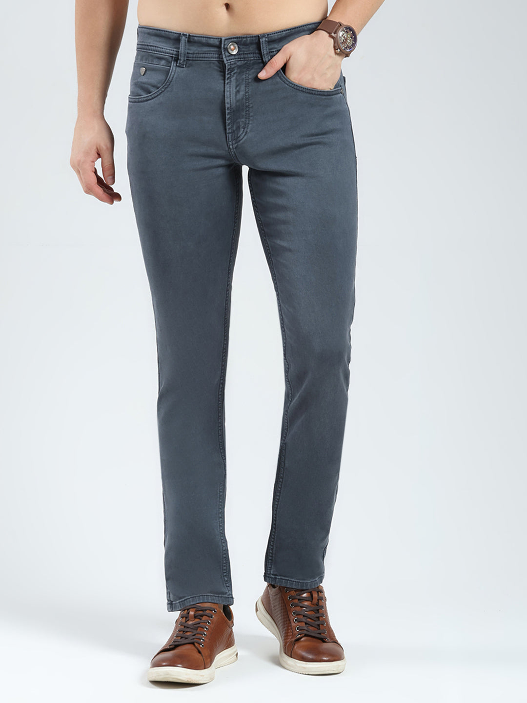 Men Grey Solid Regular Fit Denim