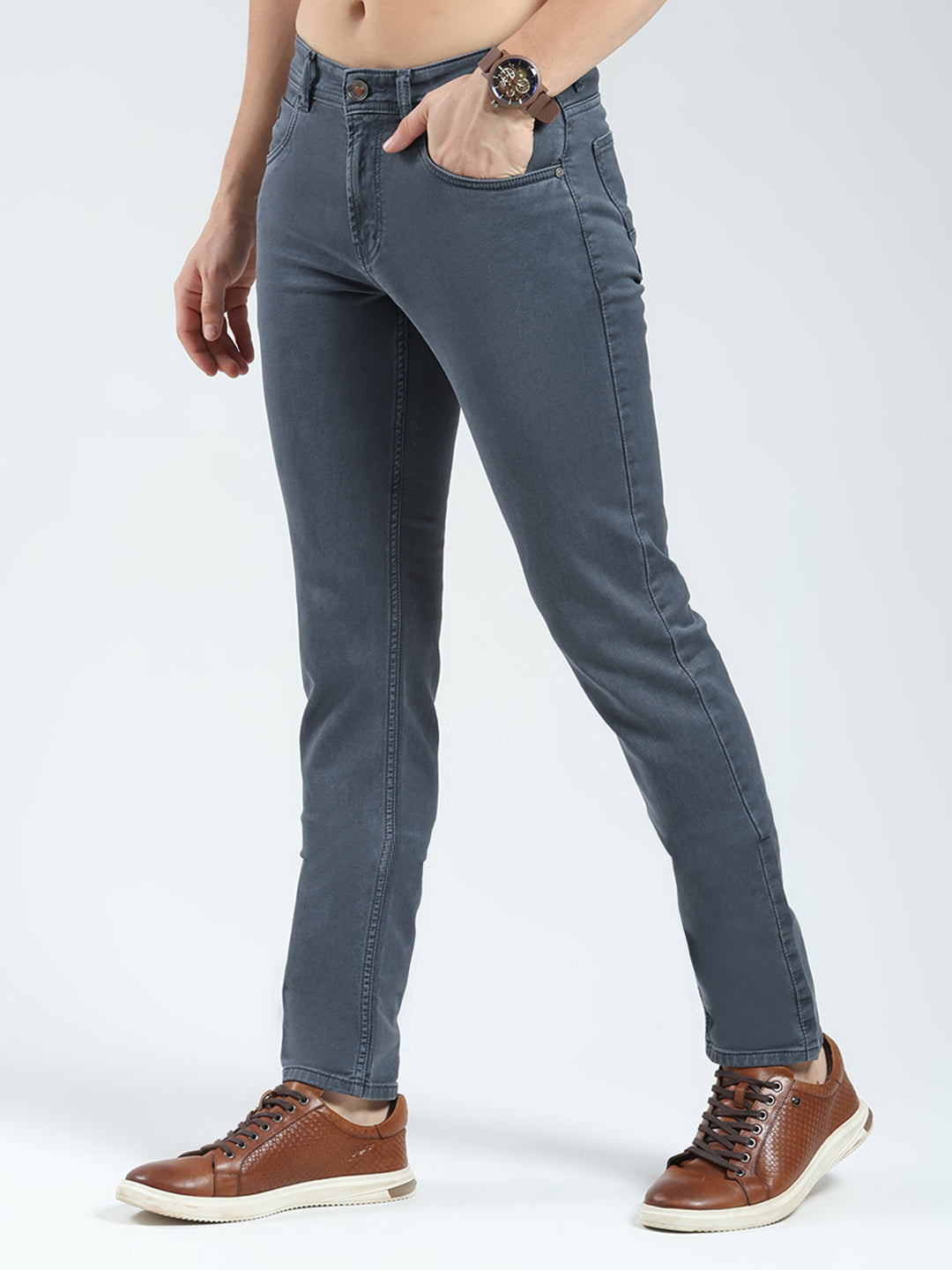 Men Grey Solid Regular Fit Denim