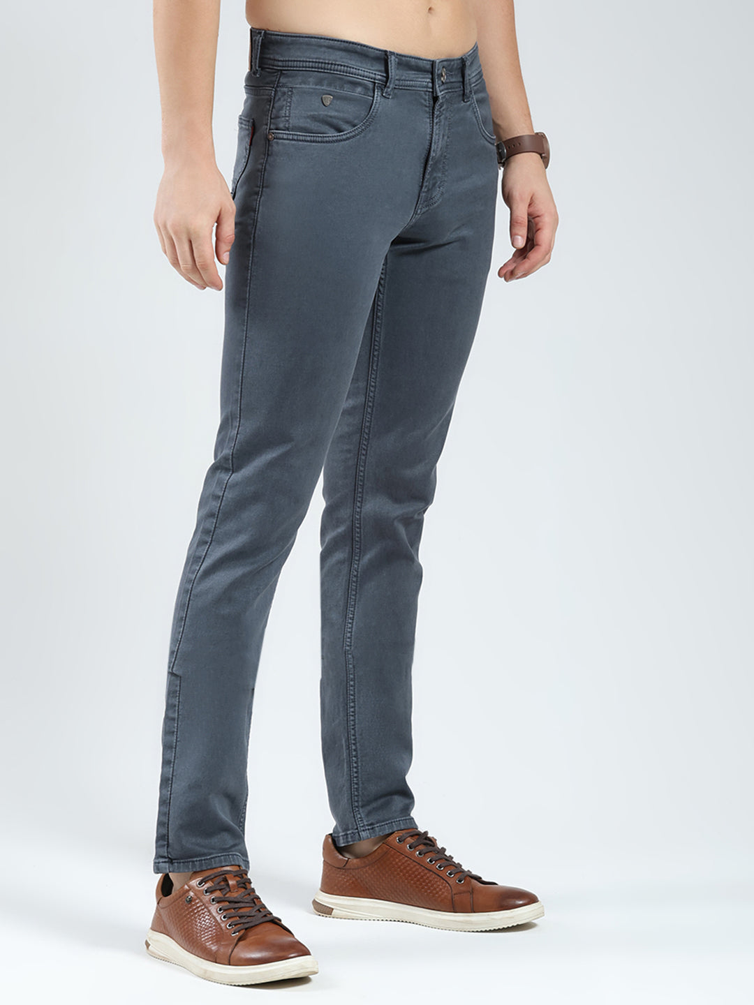 Men Grey Solid Regular Fit Denim