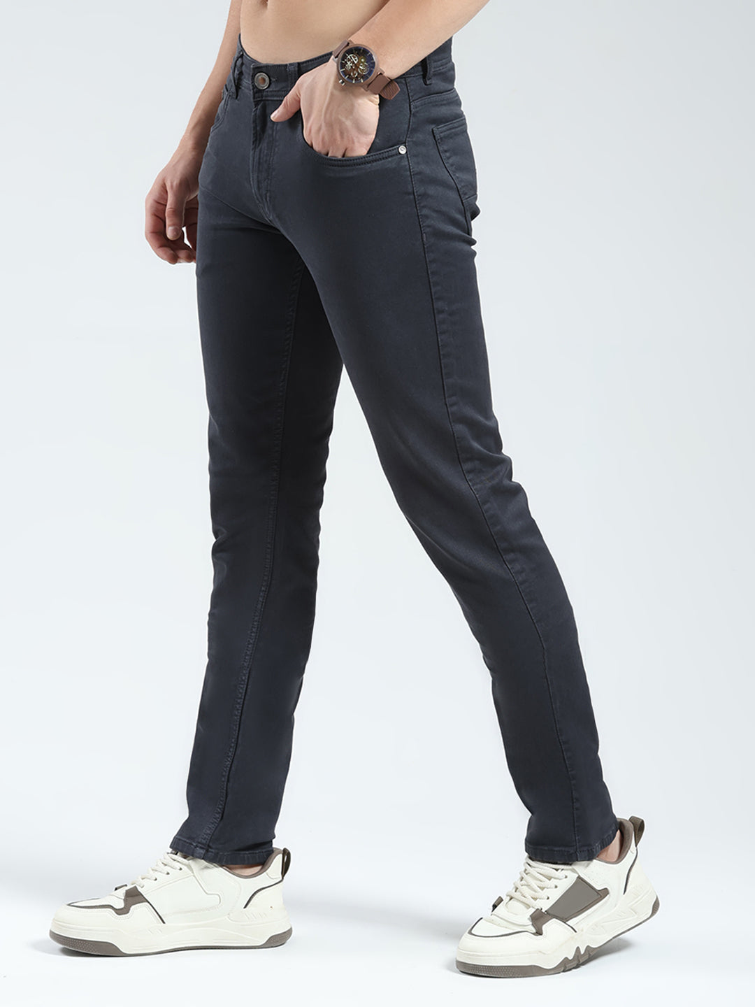 Men Black Solid Regular Fit Denim