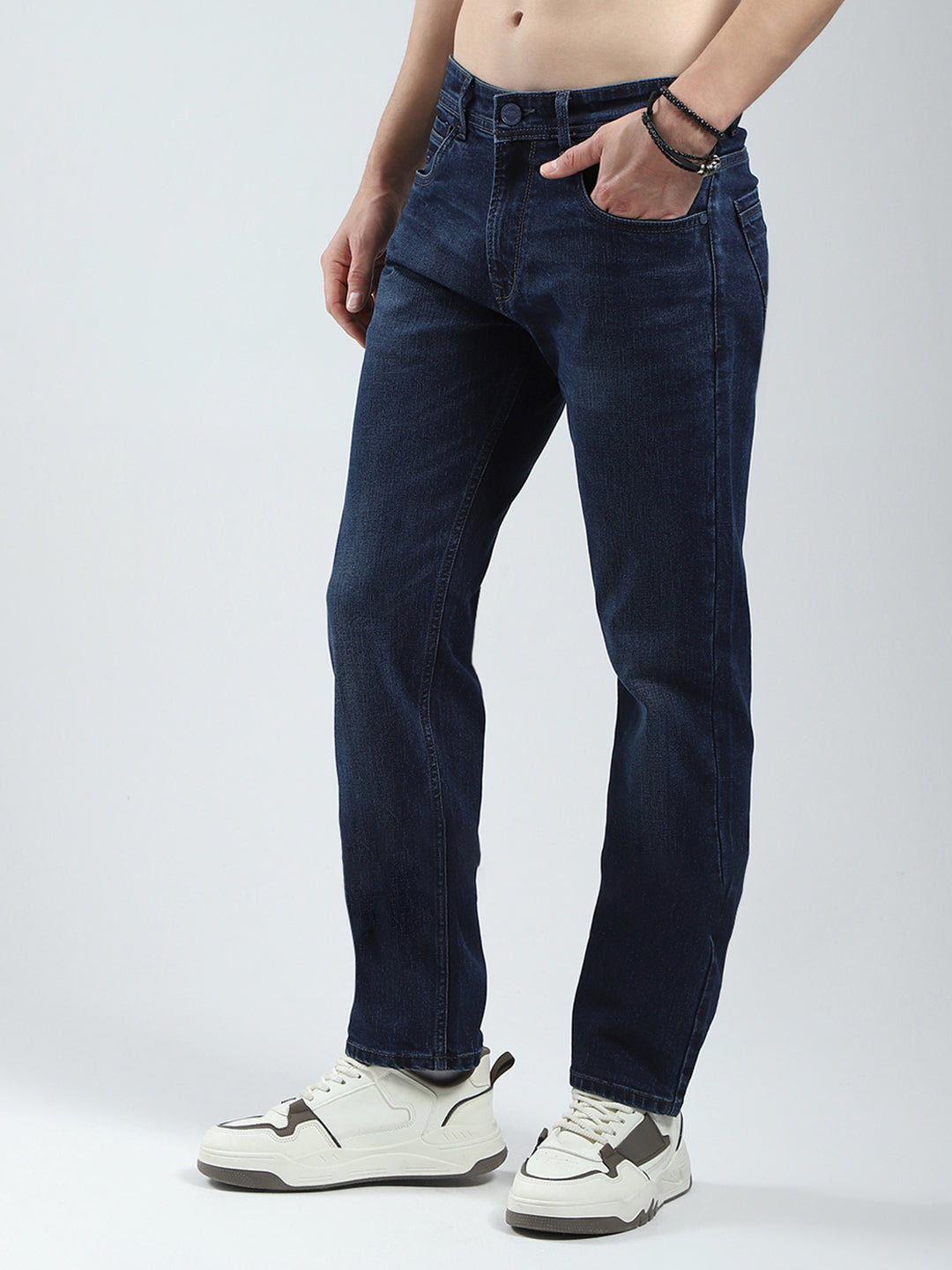 Men Blue Solid Regular Fit Denim