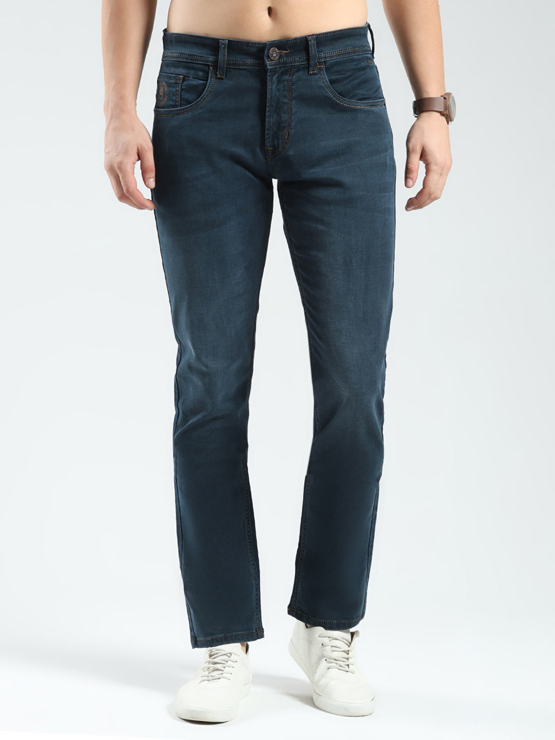 Men Green Solid Regular Fit Denim