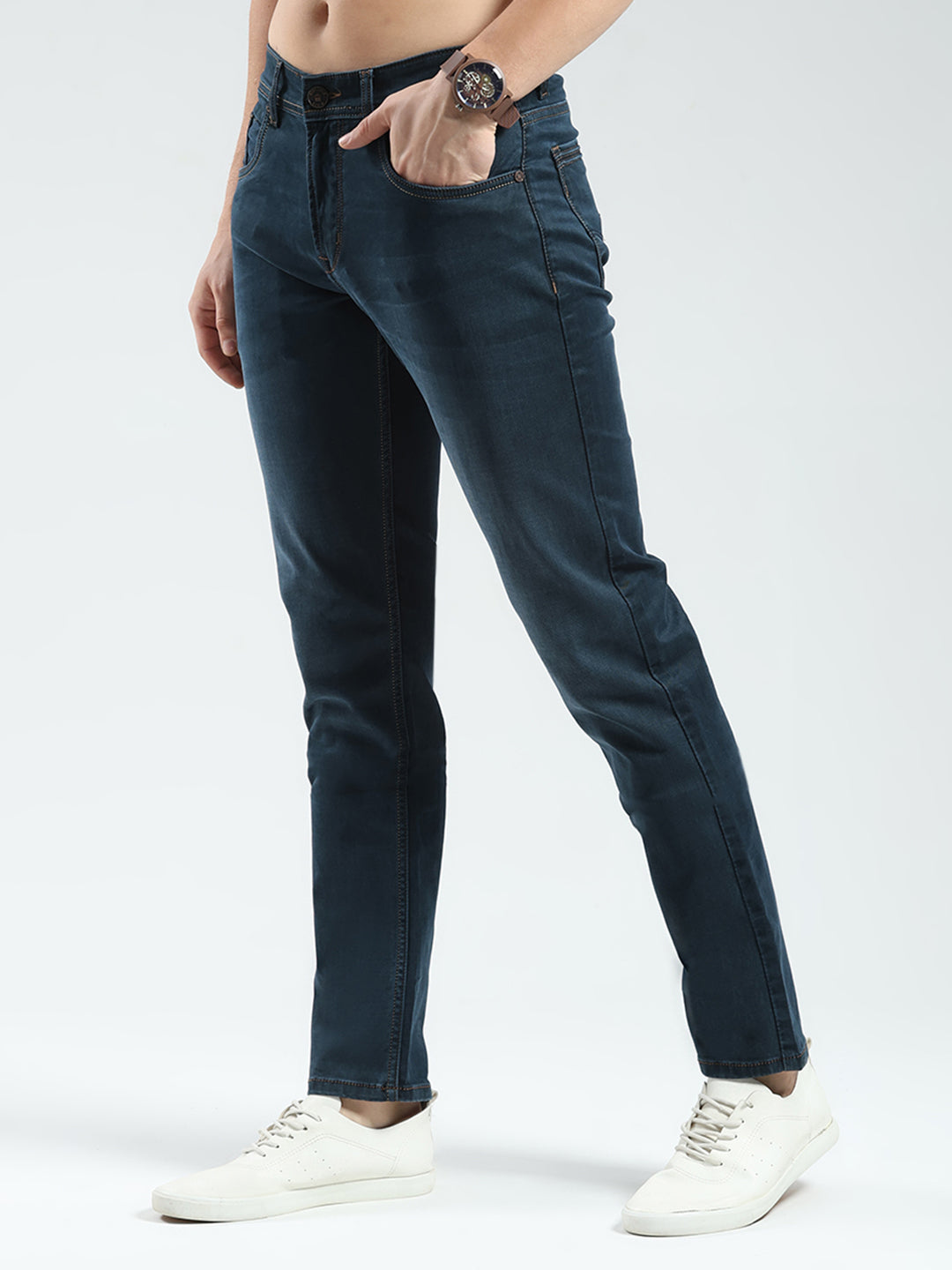 Men Green Solid Regular Fit Denim