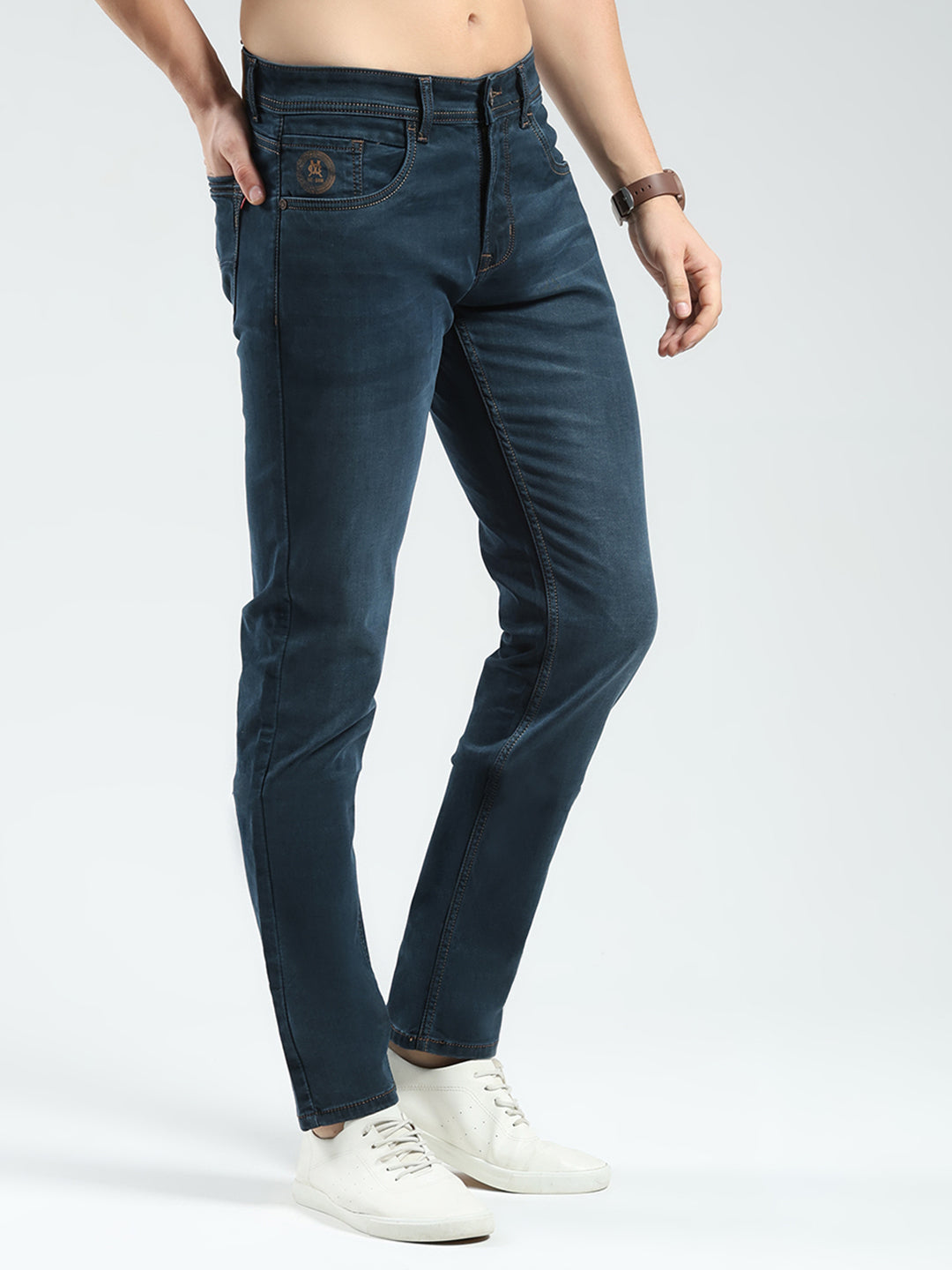 Men Green Solid Regular Fit Denim