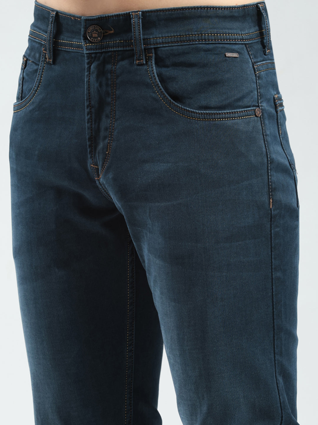 Men Green Solid Regular Fit Denim