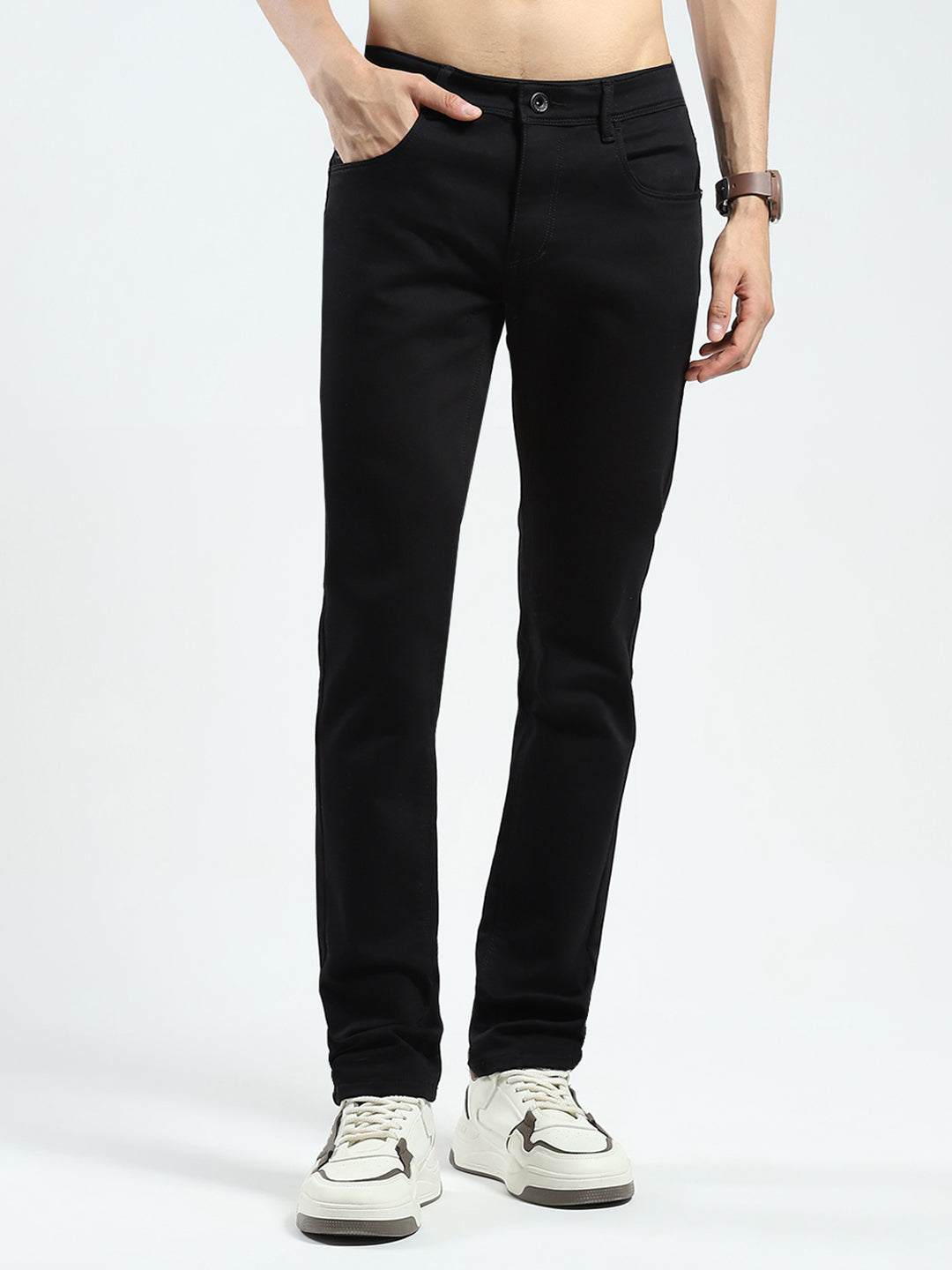 Men Black Solid Regular Fit Denim