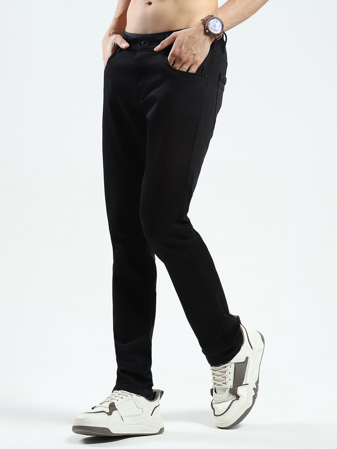 Men Black Solid Regular Fit Denim