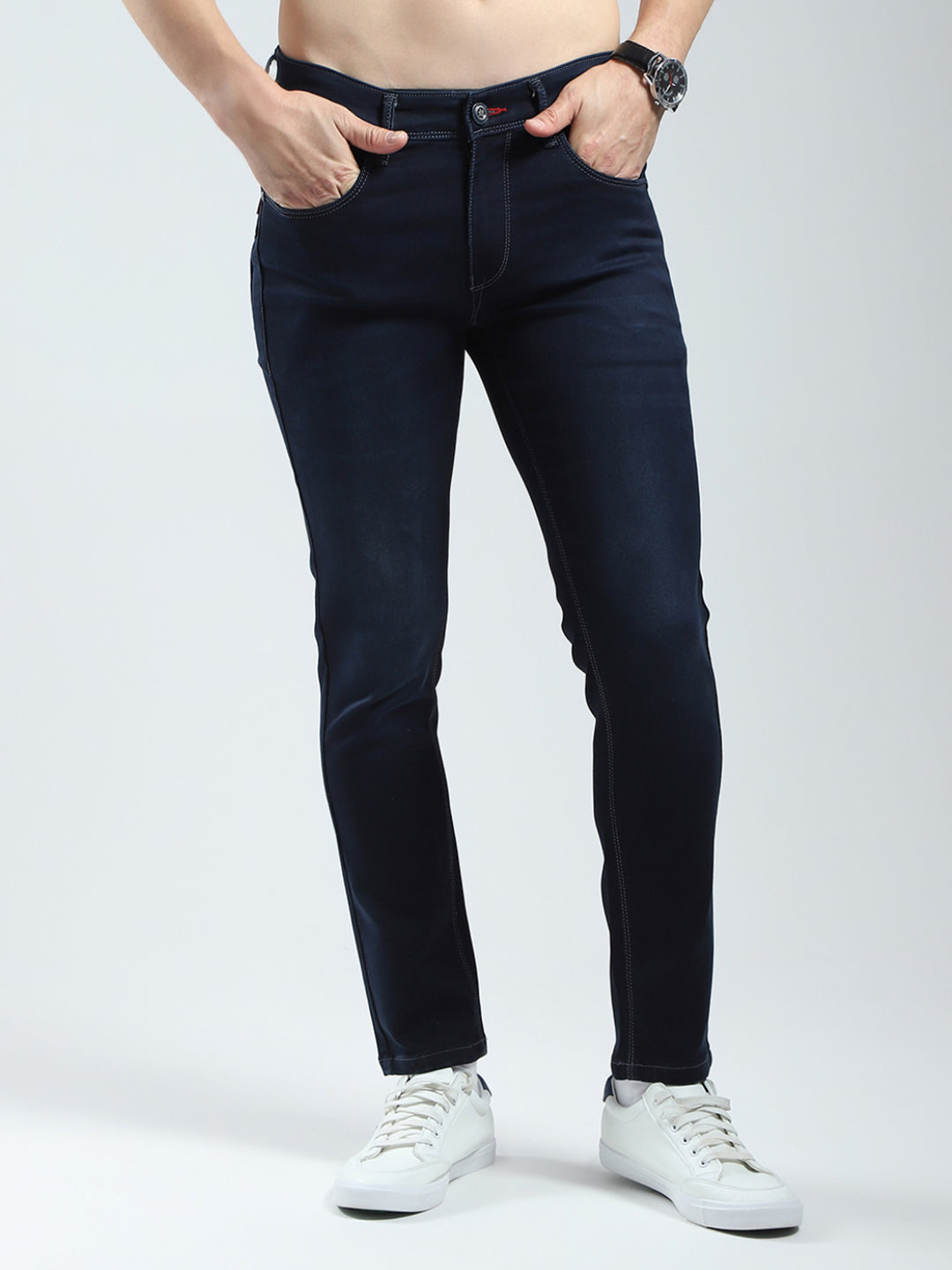 Men Navy Blue Solid Regular Fit Denim