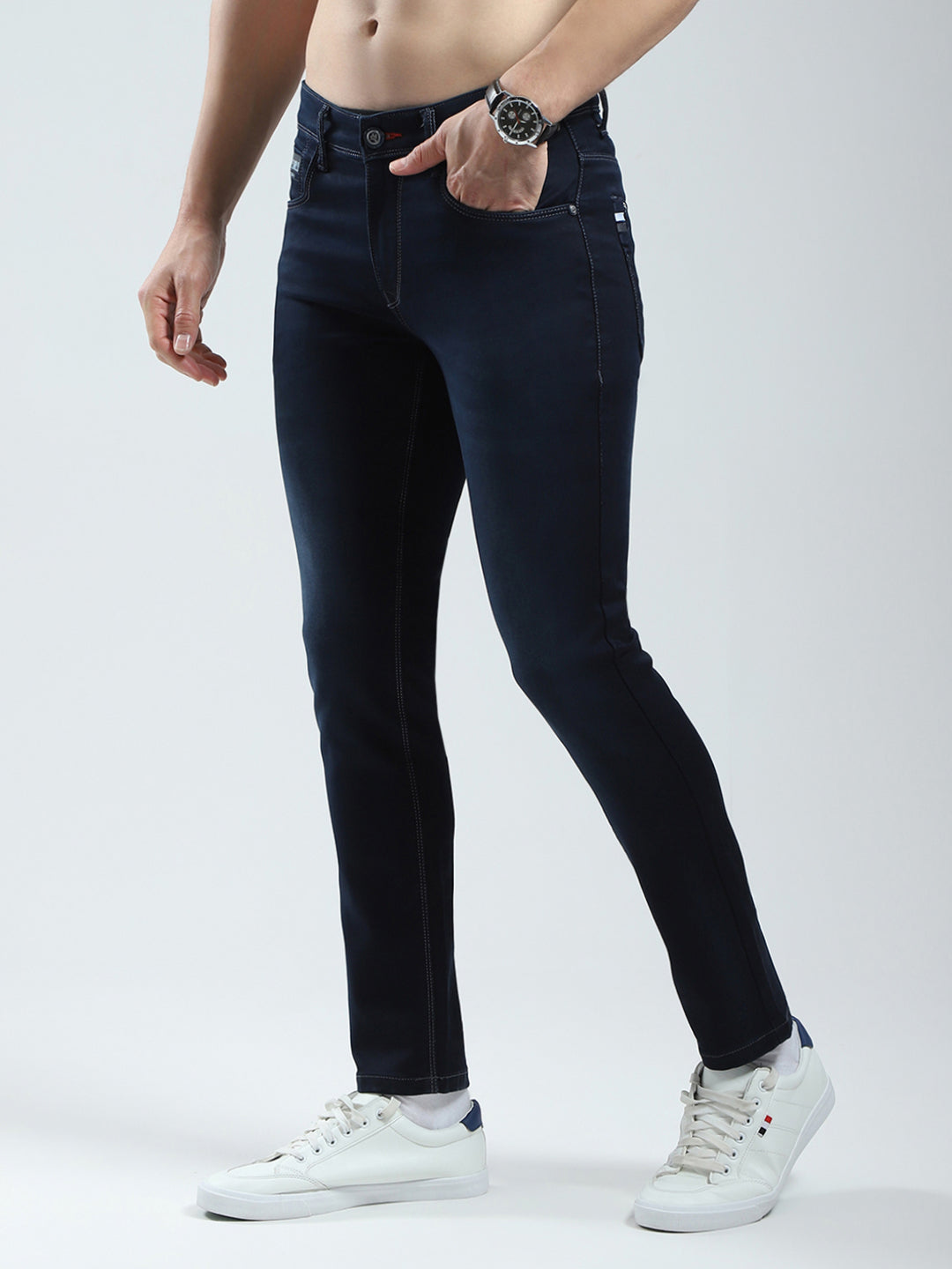 Men Navy Blue Solid Regular Fit Denim