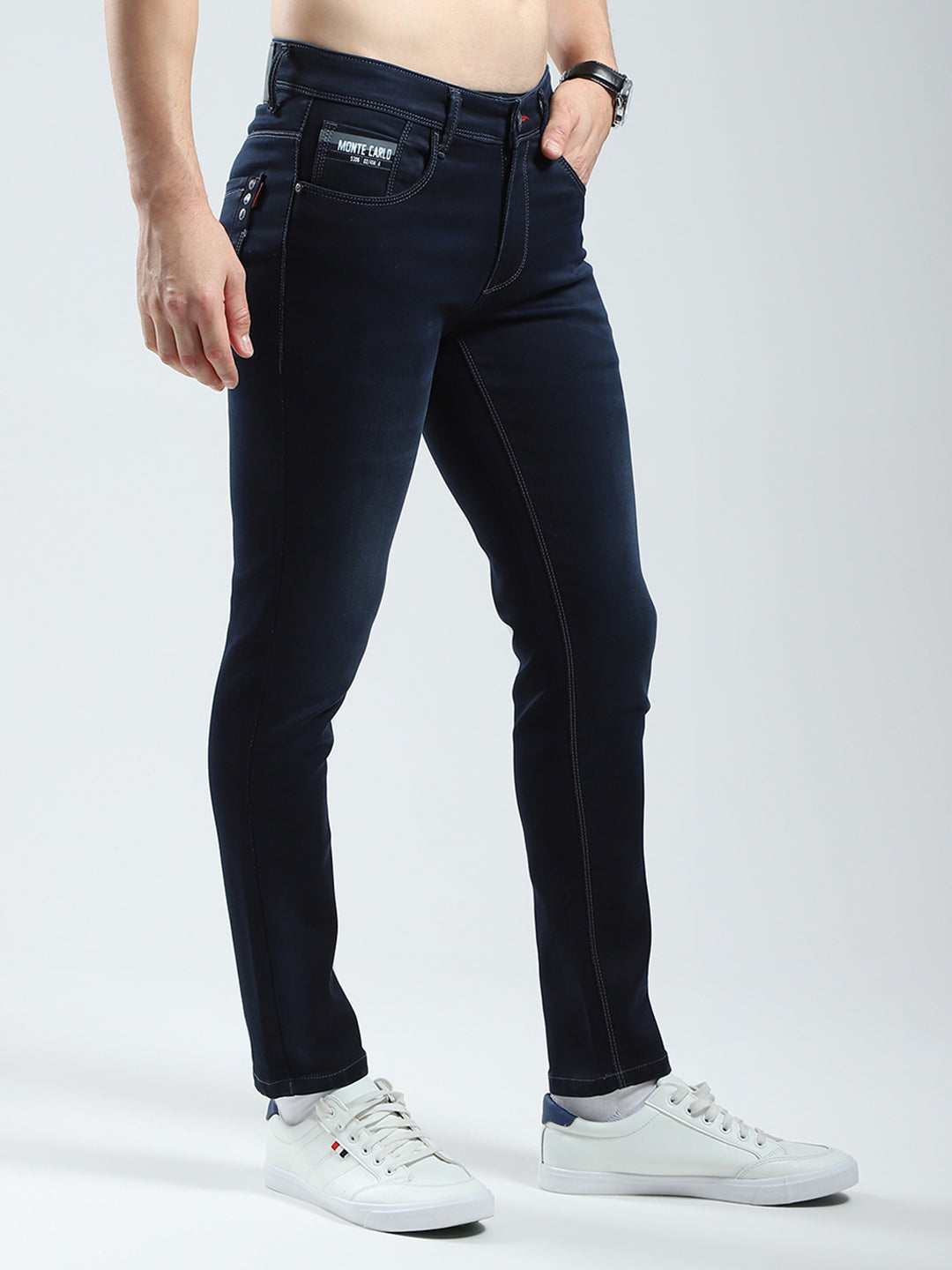 Men Navy Blue Solid Regular Fit Denim