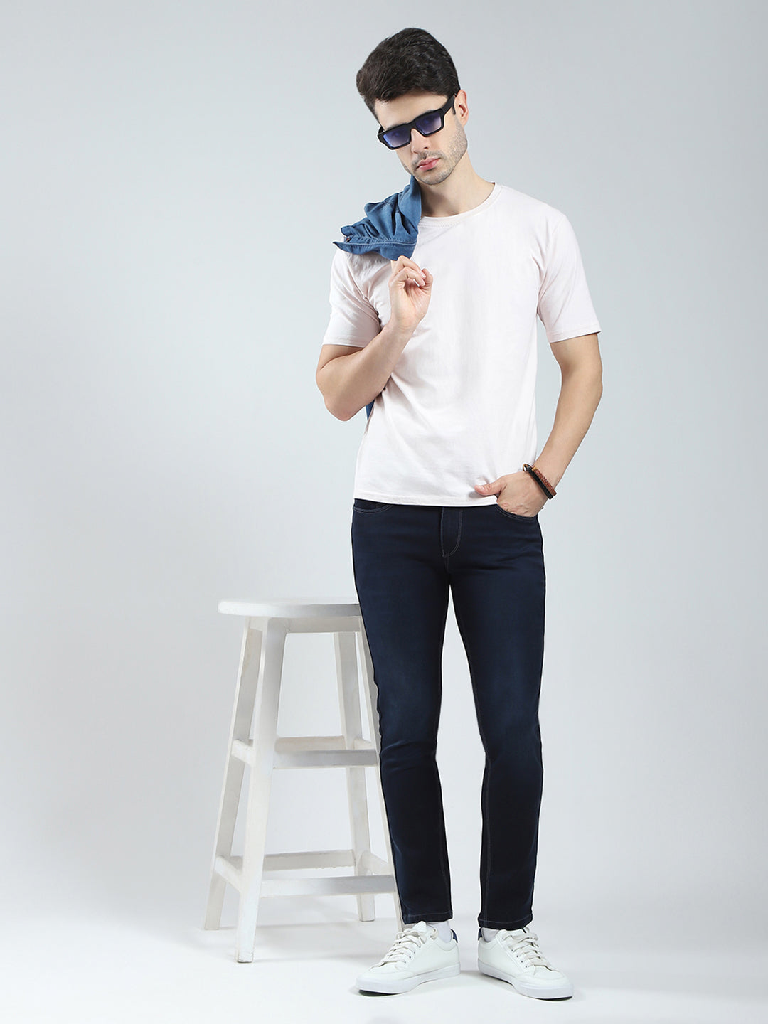 Men Navy Blue Solid Regular Fit Denim