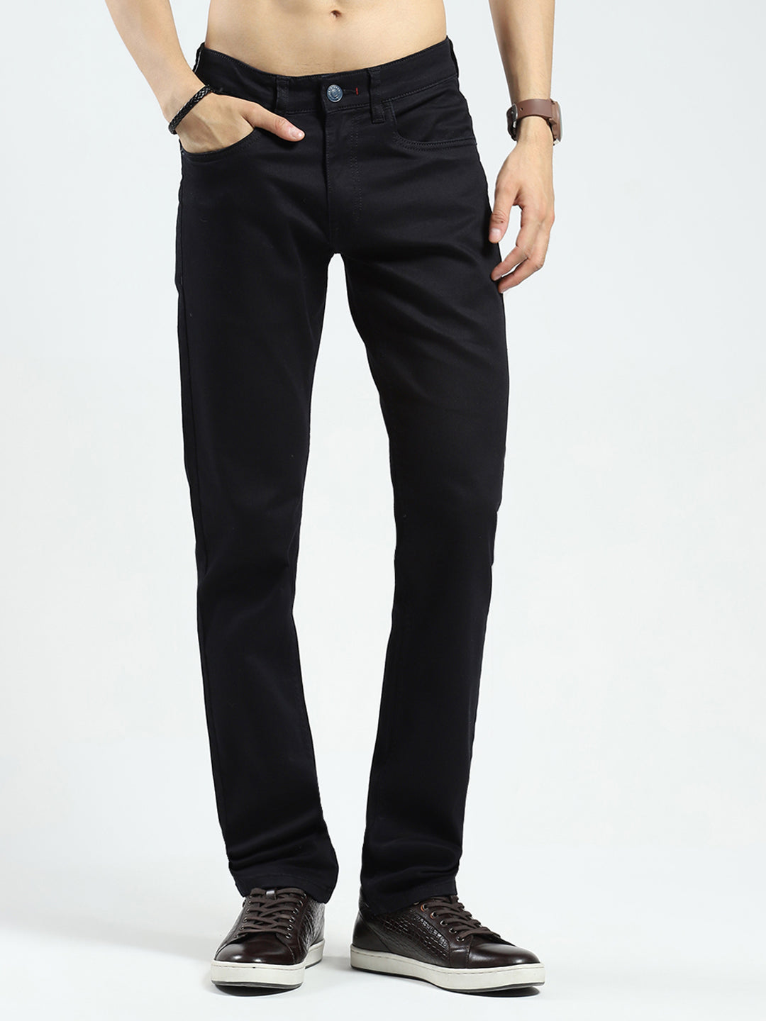 Men Black Solid Regular Fit Denim