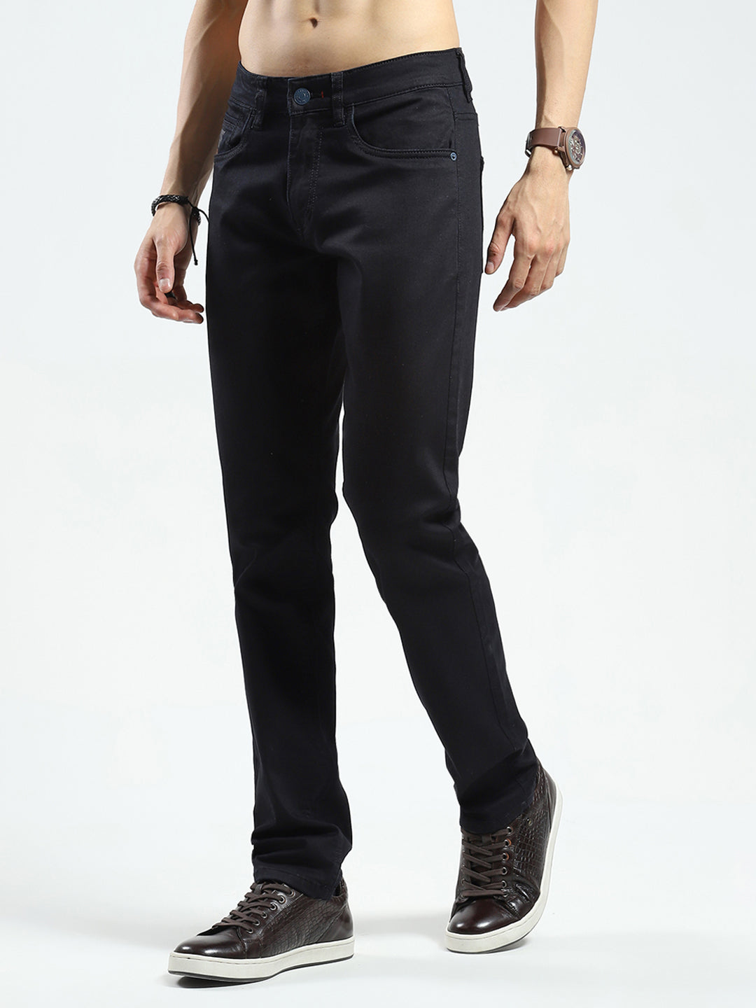 Men Black Solid Regular Fit Denim