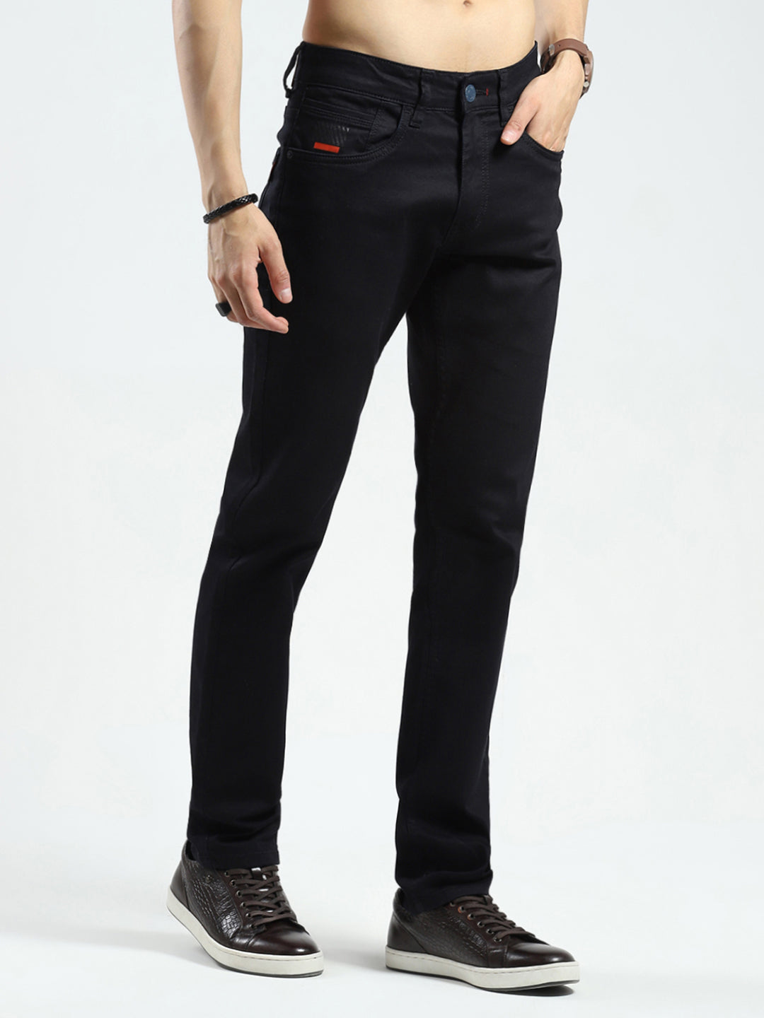 Men Black Solid Regular Fit Denim